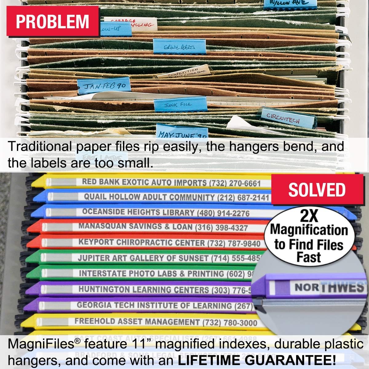 Ultimate Office MagniFile Hanging File Folders V- Bottom Letter Size with 11 inch Magnified Indexes That Double The Size of Your File Titles to Find Files Fast. (Set of 10 Frost)