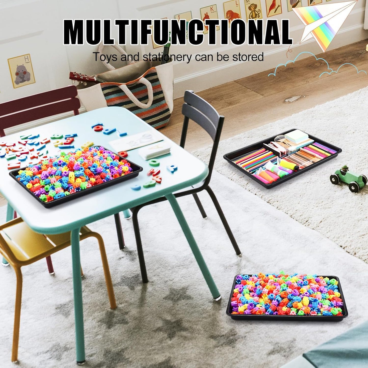 Maitys 15 Pcs Flat Plastic Trays 16.1 x 11.8'' Sensory Storage Tray Paper Stackable Classroom Bins for Office Home Organizer Arts and Crafts Supplies(Black)