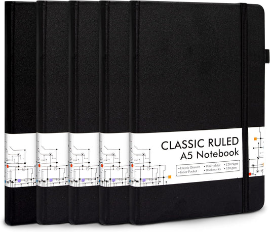5 Pack Journal Notebook Bulk for School, Feela Hardcover Business Notebooks Classic Ruled Lined Journals with Pen Holder for Work Note Taking, with 5 Black Pens, 120 GSM, 5.1”x8.3”, A5, Black