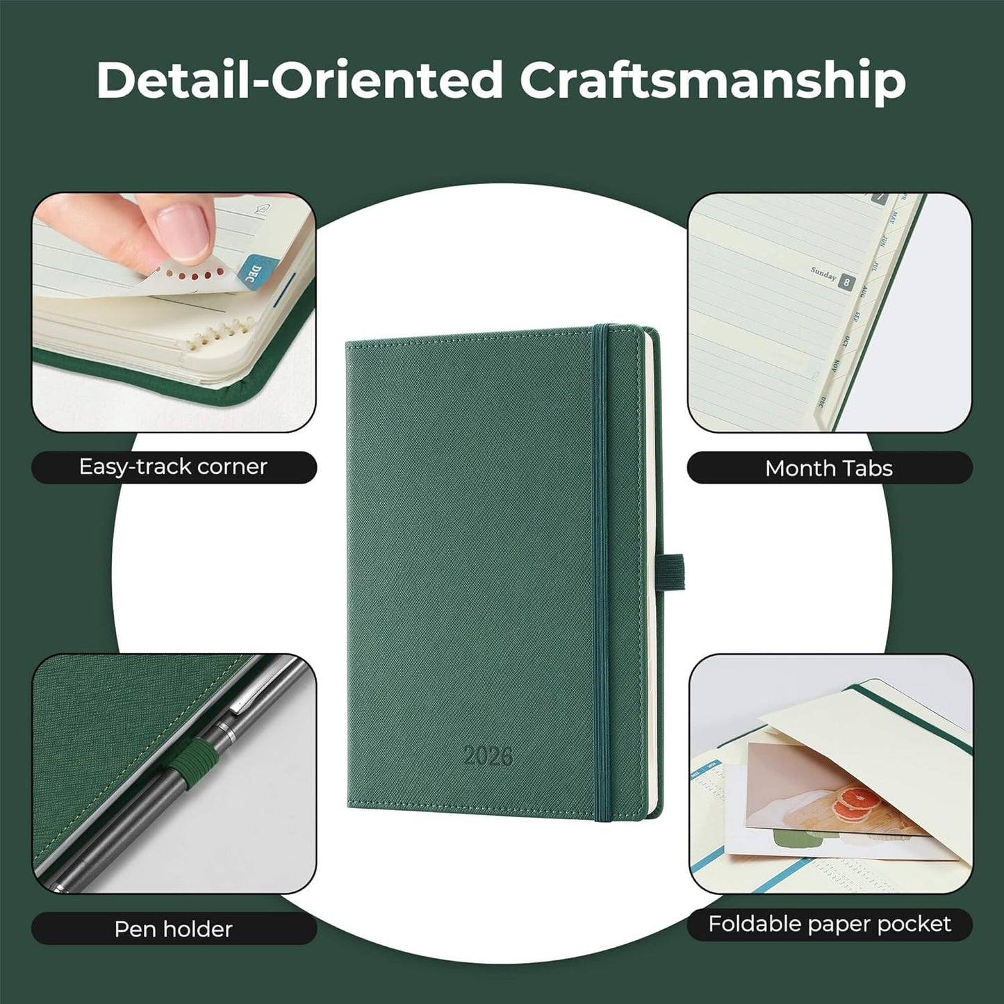 Weekly Monthly 2026 Planner (Jan.26-Dec.26),8.5"x6.5",12 Months Agenda Plan with Month Tabs & Pocket,Expenses/Note Pages, Appointment Book Calendar with Hardcover Vegan Leather Cover,Green