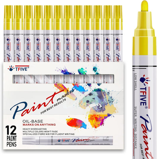 TFIVE Yellow Paint Pens Markers - 12 Pack Oil Based Permanent Marker, Medium Tip, Never Fade, Quick Dry, Waterproof Paint Pen for Rocks Painting, Wood, Fabric, Plastic, Canvas, Glass, Metal