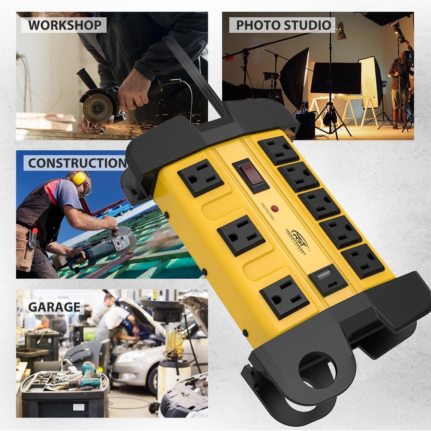 Heavy Duty Surge Protector Power Strip with USB-C Ports, CRST 8-Outlet Metal Industrial Power Block with 15A Circuit Breaker, 15ft Extension Cord, 1350 Joules for Workshop, Garage, Office, Shop…