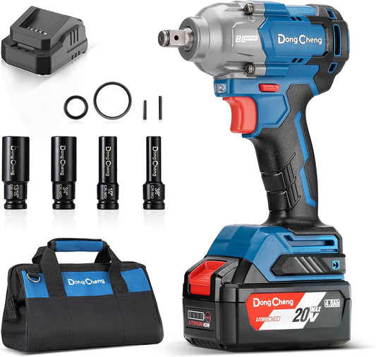 Dong Cheng 20V Brushless Impact Wrench, Max Torque 360 ft-lbs (488N.m), 1/2 inch with 3 Mode Speed, 2400 RPM Cordless Impact Gun, Includes 4.0Ah Battery, Charger, 4 Impact Sockets and Kit Bag