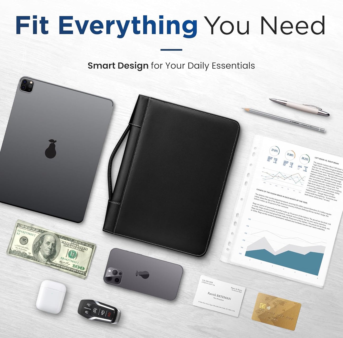 STYLIO Zipper Portfolio with Carrying Handle | Removable 1" 3-Ring Binder w/Clipboard Padfolio | Organizer for Documents, iPad, Tablet, Phone, Notebook | Business Leather Binder for Men Women