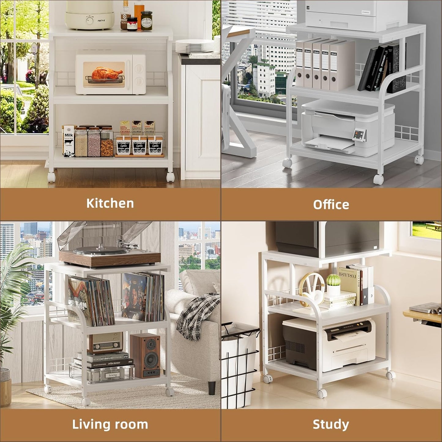 Lerliuo Large Printer Stand with Storage, 23.6"W x 18.9"D x 30.2"H, 5-Adjustable Shelf Heights Mobile 3 Tier Table with Lockable Wheels, Industrial Rolling Printer Cart, White Stands for Home Office