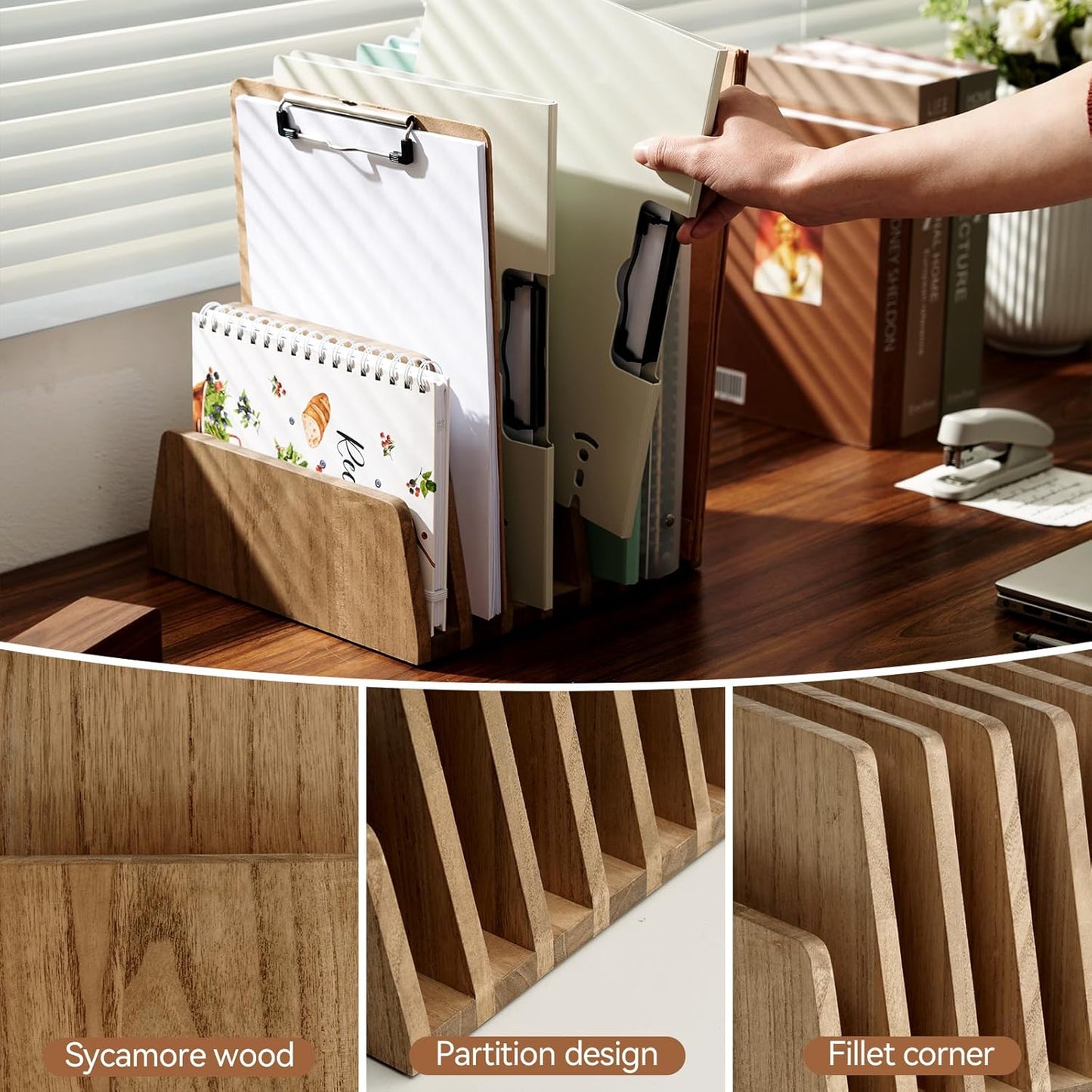KIRIGEN Wood File Mail Organizer 7 Slots File Paper Holder Desktop Wood Document Letter Holder Organizer for Home Office Brown (7KWJJ-DBR)