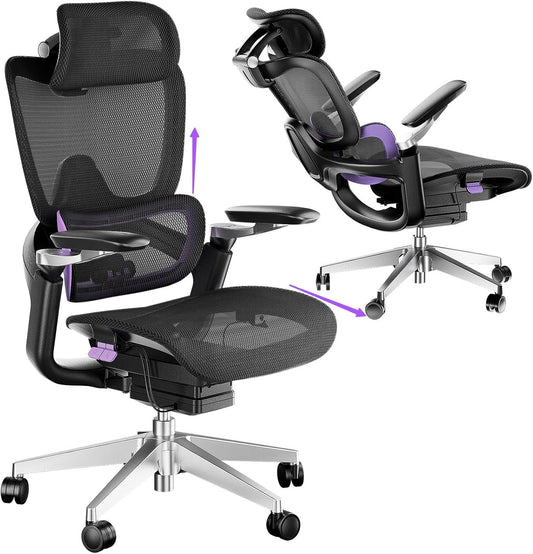Ergonomic Office Chair, Mesh Home Office Desk Chair with Adjustable Lumbar Support, Big and Tall Gaming Chair with 4D Headrest, 5D Armrest,90-130°Tilt, BIFMA Certified, Model Zen (Purple)