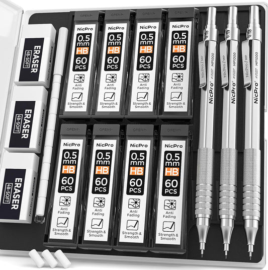 Nicpro 0.5 Mechanical Pencil Set with Case, 3PCS MP1000 Metal Artist Pencil & 8 Tube HB Lead Refills 0.5mm, 3 Erasers,9 Eraser Refills For Architect Writing Drafting, Drawing, Engineering, Sketching