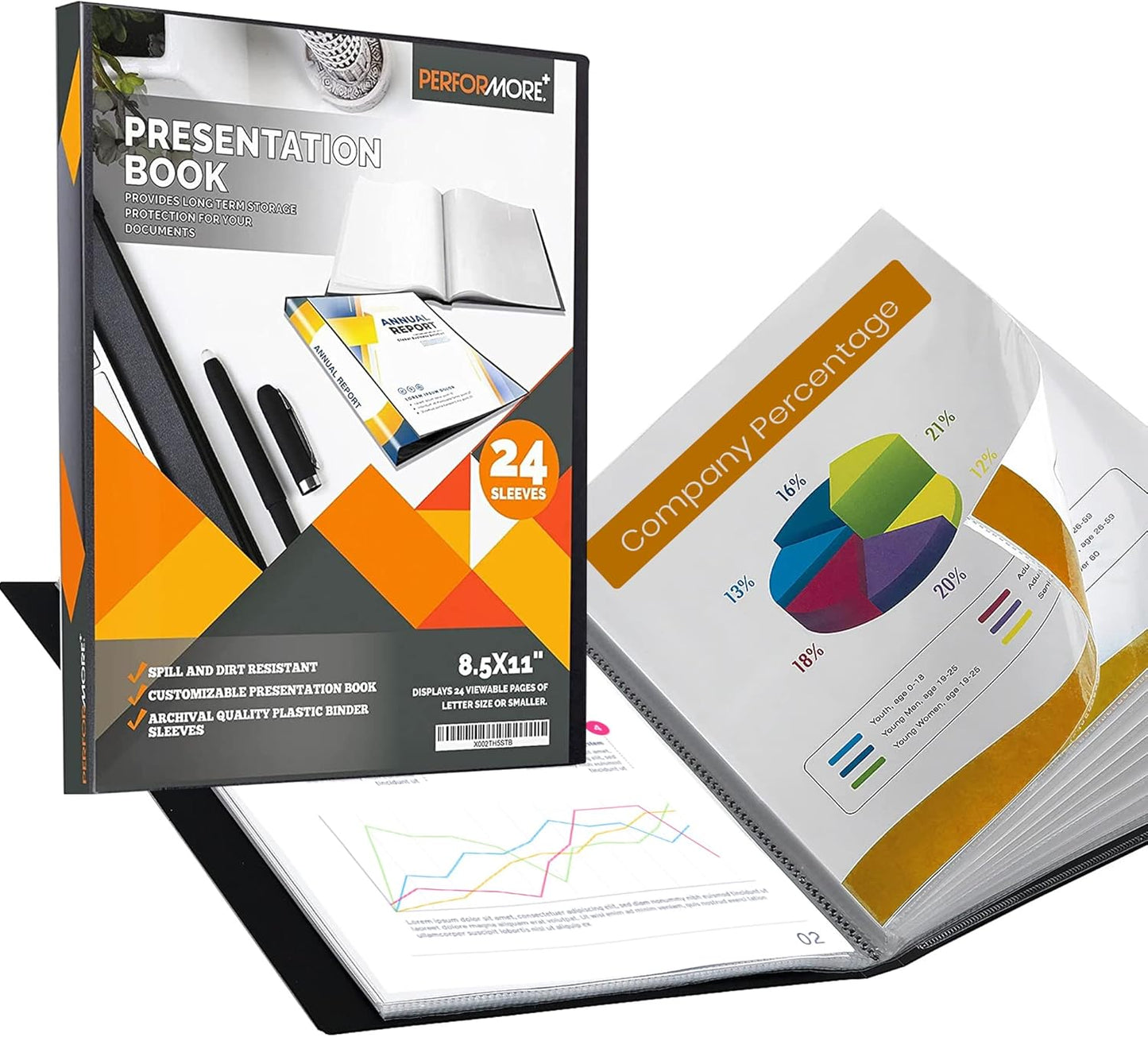 Performore 24-Pocket Presentation Book Folder | 8.5" x 11" Plastic Display Binder with Spill-Proof Clear Sleeves | Archival Acid-Free Portfolio for Certificates, Reports, and Documents (Black)