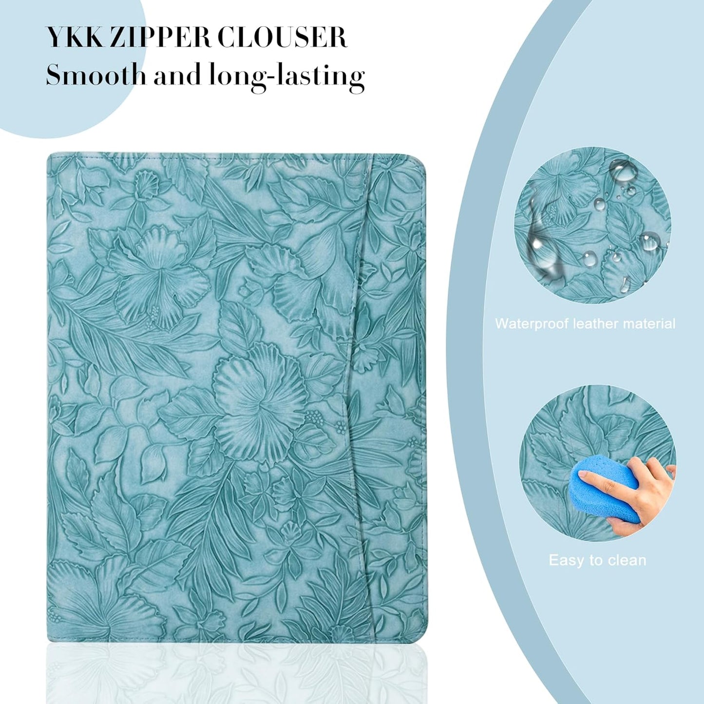 Padfolio with Zipper, Portfolio Binder, Leather Portfolio with Zipper for Men Women, Portfolio Organizer, Padfolio Business Resume A4/Pad, Blue Floral Pattern