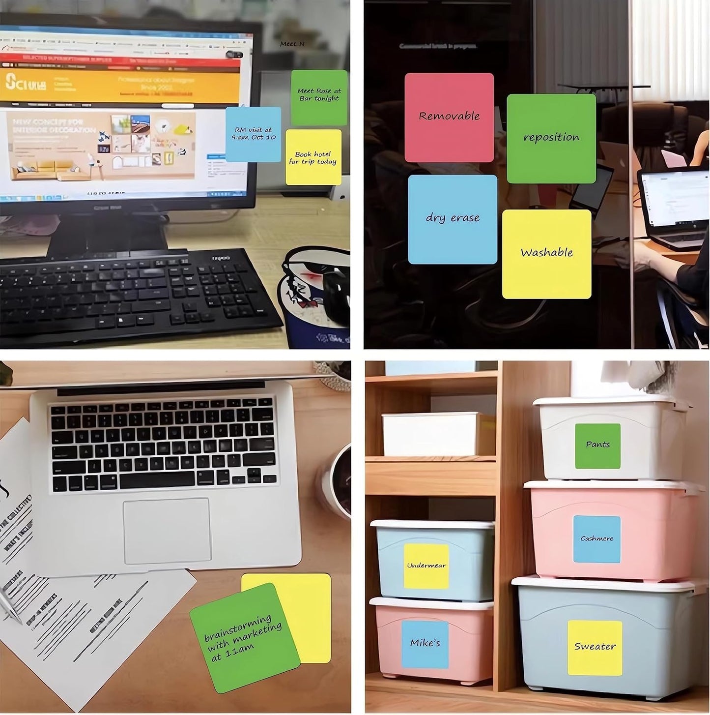 Dry Erase Sticky Notes Reusable Labels for Storage Bins Organizing Jar Pantry, Waterproof Removable Label Stickers for Kitchen Office School All Purpose Use (4x4 inches), Dry Erase Sheets