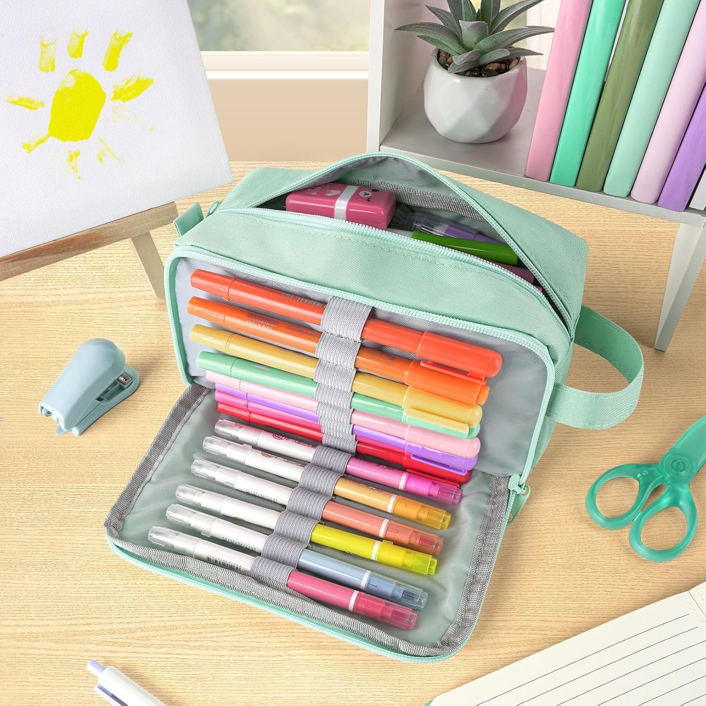 Sooez Original High Capacity Pencil Case, Big Pencil Bag Pouch Box Organizer Pen Case, Portable Journaling Supplies with Easy Grip Handle & Loop, Aesthetic Supply for Girls Adults, Mint Green