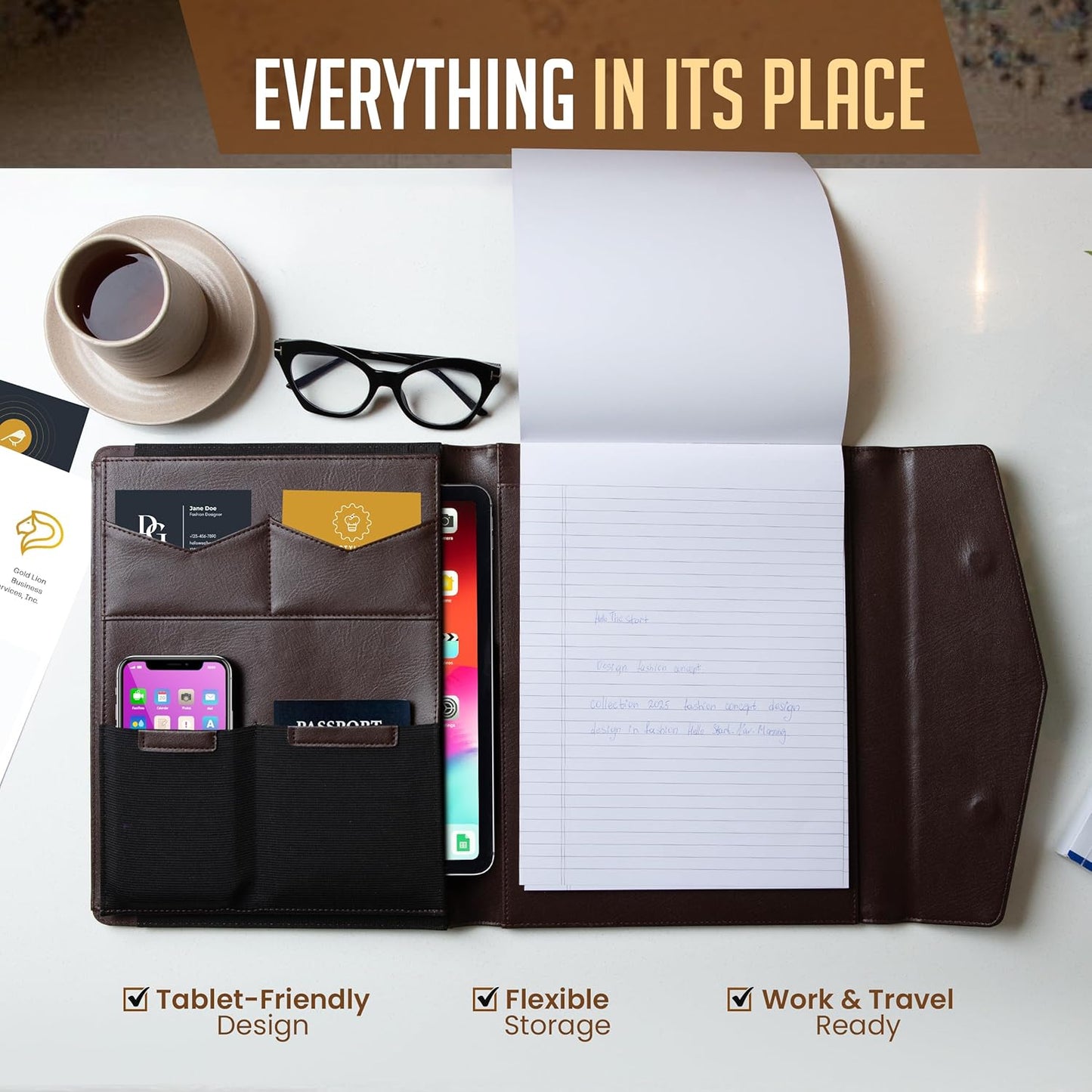 STLYIO Trifold Padfolio - Magnetic Closure. Stretchable Compartment for Tablet, Documents. Elastic Pockets for Phone, Gadgets, Passport, Travel Documents. Letter-Sized Notepad and Gift Box Included.