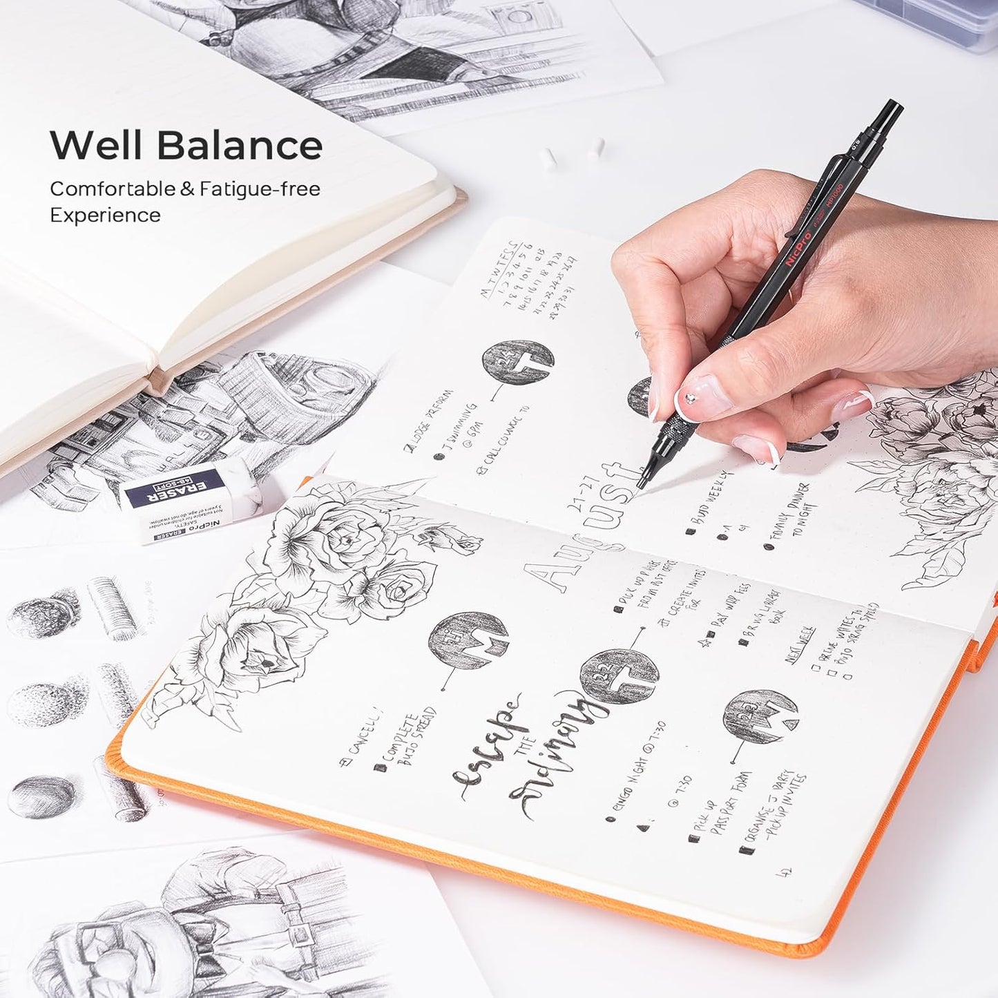 Nicpro 0.5 mm Mechanical Pencils Set with Case, 3 Metal Artist Pencil With 480PCS HB Lead Refills, 3 Erasers,9 Eraser Refills For Architect Art Writing Drafting, Drawing, Engineering, Sketching, Black