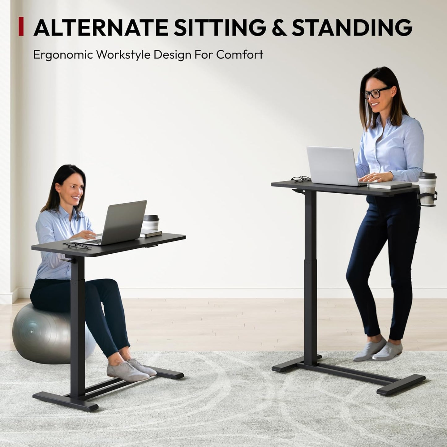 SANODESK Mobile Standing Desk with Hidden Wheels,Pneumatic Laptop Desk Rolling Computer Cart Movable Height Adjustable Small Sit Stand Desk for Home Office(27.6" W x 15.7" D, Black)