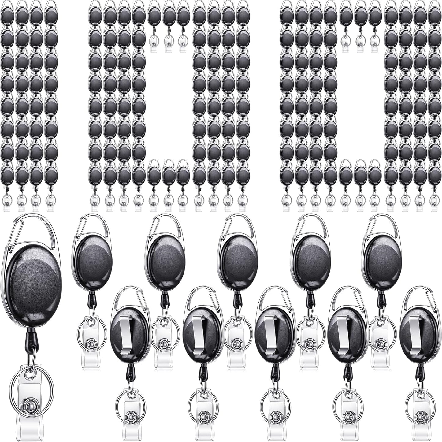 Maitys 100 Pack Retractable Badge Reels Bulk Heavy Duty Badge Reel Holders with Carabiner Belt Clip and Keychain for Lanyard Card Nurse School Office Employee (Clear Black)