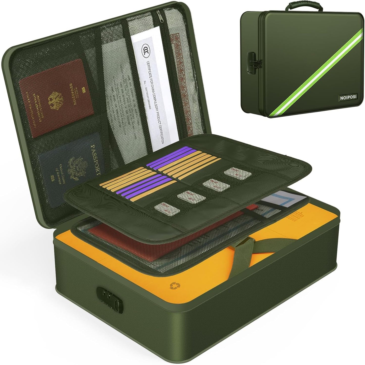 Document Organizer with 5200℉ Heat Insulated, 16.1"x11.4"x4.3" Waterproof and Fireproof Document Box with Lock, Home Strong Fireproof Safe Storage Box for Legal Size Documents and File，Green