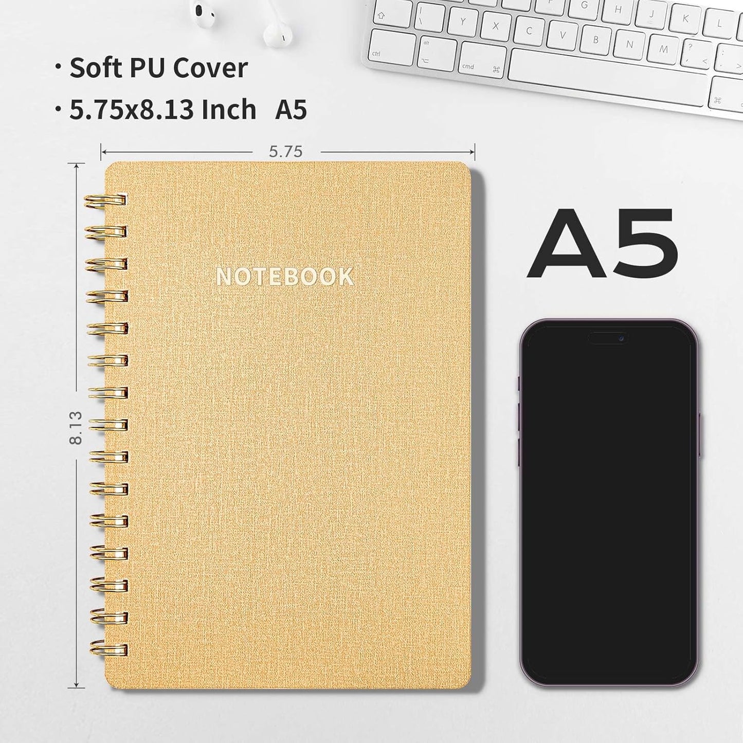 Lined Spiral Notebook College Ruled A5 Journal Book for Note Taking, 160 Pages Writing Journal for Office and Home School Supplies 5.75x8.125 inch (1Khaki)