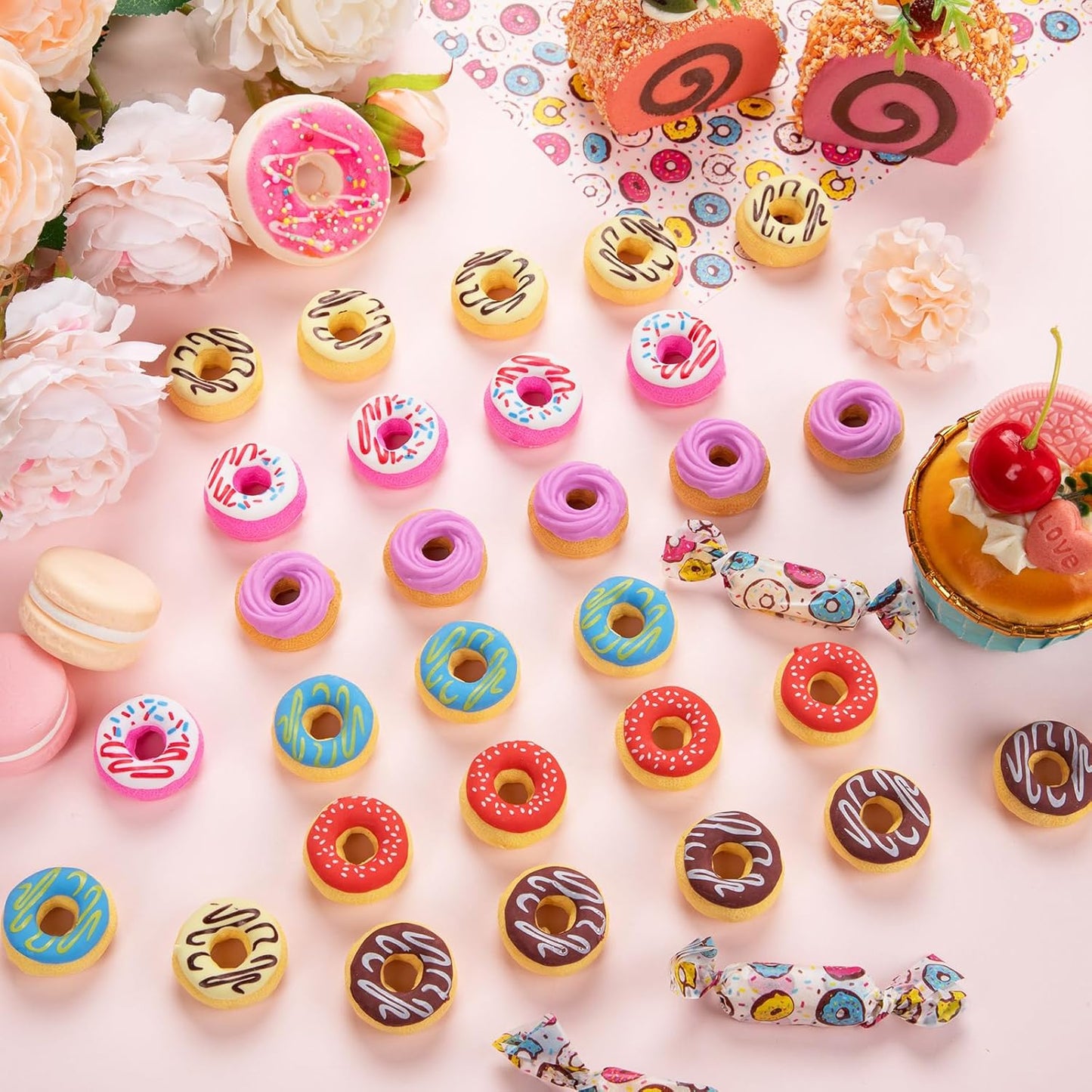YGAOHF 50PCS 3D Cute Donut Erasers for Kids, Novelty Pencil Toppers for Candy Party Favors