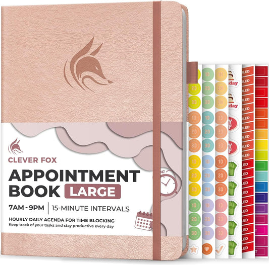 Clever Fox Appointment Book – Hourly Schedule Planner with 15-Minute Increments – Time Box Planner for Daily Work & To-Dos – Weekly & Monthly Spreads, Undated, Hardcover, 8.3x11″ (Rose Gold)