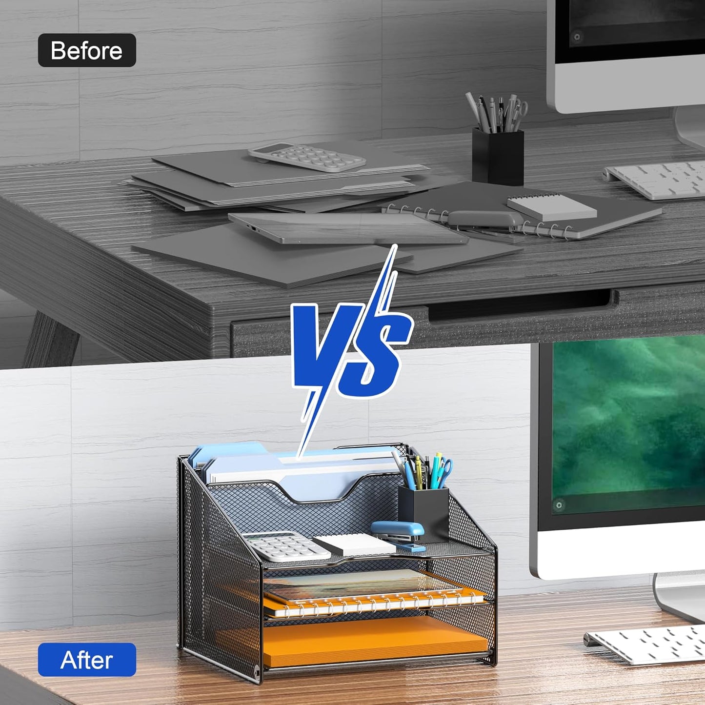 Samstar 2 Pack Mesh Desk File Organizer Letter Tray Holder, Desktop File Folder Holder with 3 Paper Trays and 2 Vertical Upright Section, Black