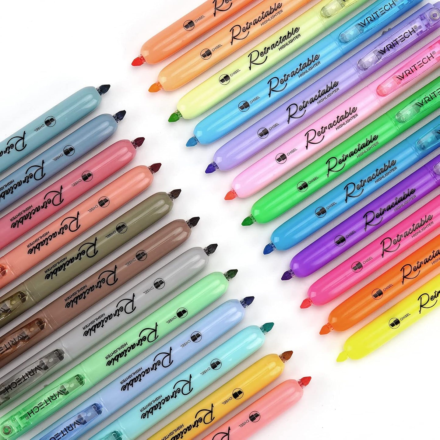 WRITECH Retractable Highlighters Assorted Colors: Chisel Tip Click Aesthetic Highlighter Marker Pens Pack Multi Colored Ink No Bleed Smear for Highlighting Journaling (24ct Mild+Vintage+Neon+Pastel)