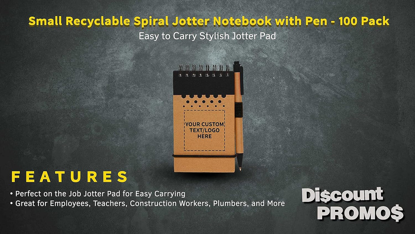 DISCOUNT PROMOS 100 Recyclable Spiral Small Notebooks Pack - Customizable Text, Logo - 60 Lined Pages - Black