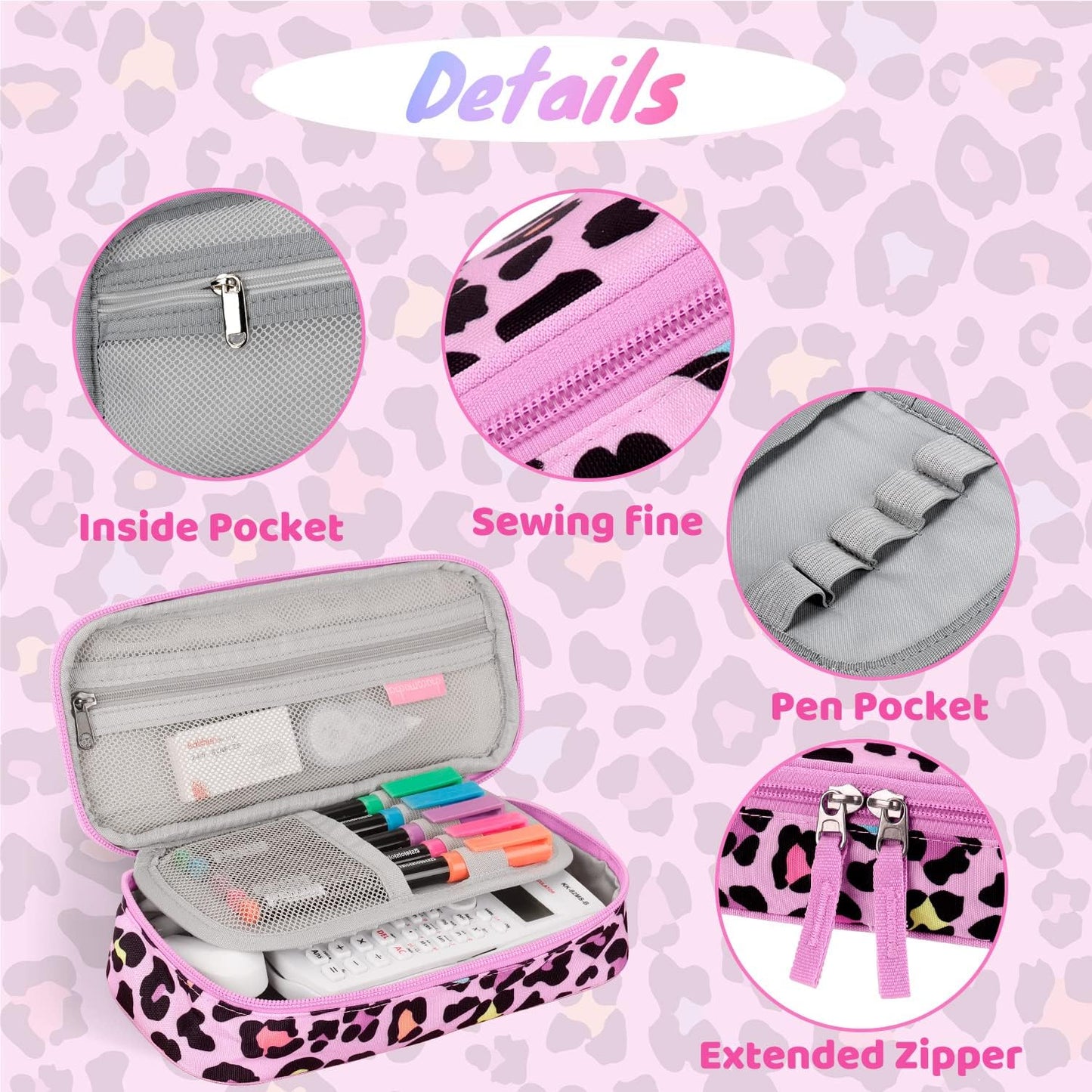 Choco Mocha Cheetah Pencil Case for Girls, Soft Pencil Case Kids Pencils Pouch for Kindergarten Girls, Pink