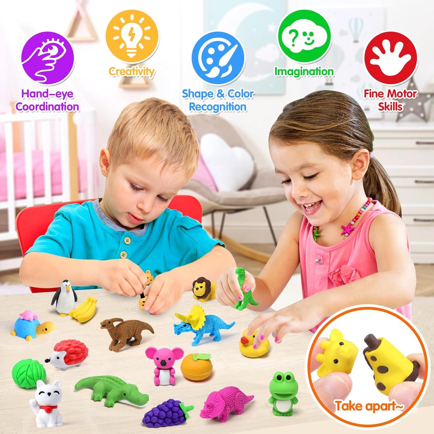Arscniek 40 Pack 3D Puzzle Animal & Food Erasers for Kids, Take Apart Mini Pencil Erasers, Bulk Party Favors, Classroom Prizes, Treasure Box & Stocking Stuffers