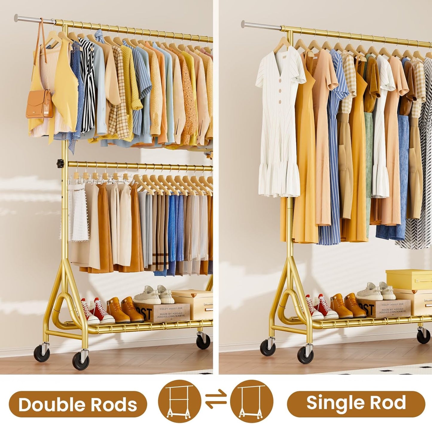 Double Rods Clothing Rack, Heavy Duty Clothes Rack for Hanging Clothes Load 560LBS, Metal Rolling Garment Racks with Wheels, Freestanding Clothes Hanging Racks, Gold