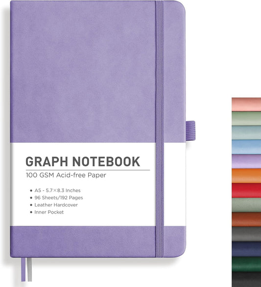 RETTACY Graph Grid Paper Notebook, 192 Pages, A5 Medium Size (5.7'' x 8.3''), 5 Squares per Inch, Leather Hardcover, 100 GSM Thick Paper, for School, Students, Math, Engineering (Purple)
