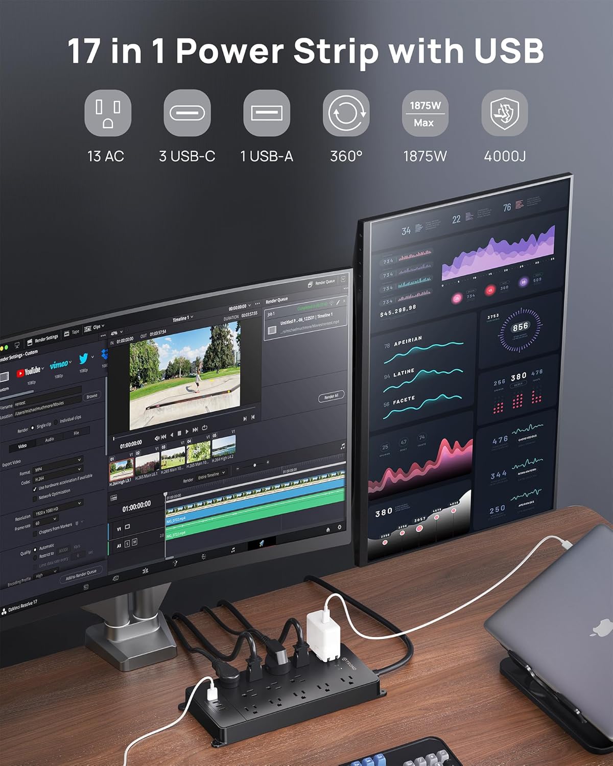 TROND 360° Rotating Flat Plug, Surge Protector Power Strip, 13AC Widely Spaced Outlets Expansion with 3 USB C Ports, 4000J, 5ft Extension Cord Heavy Duty, Wall Mount, Under Desk, ETL Listed, Black