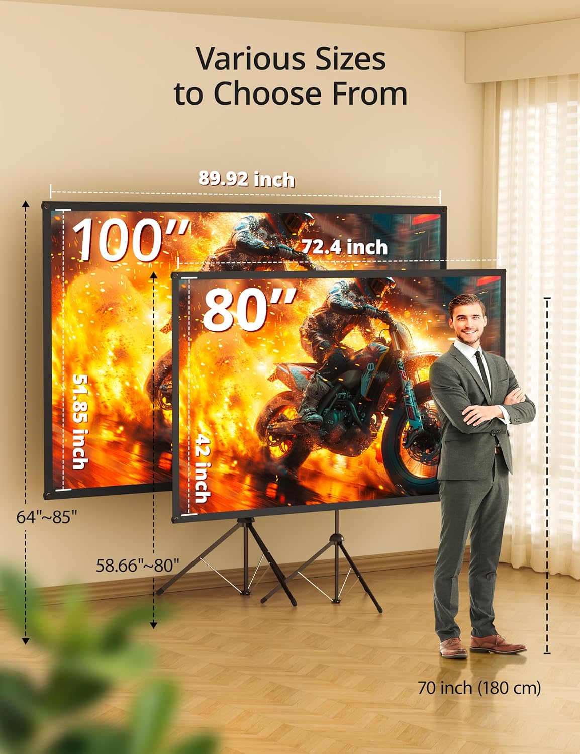 Projector Screen with Stand 80 inch Indoor Outdoor Projector Screen 16:9, 4K HD PVC Projector Screen with 1.5 Gain, projector screen for Backyard Theater and Wall Hanging 2IN1 with Carry Bag, Ground