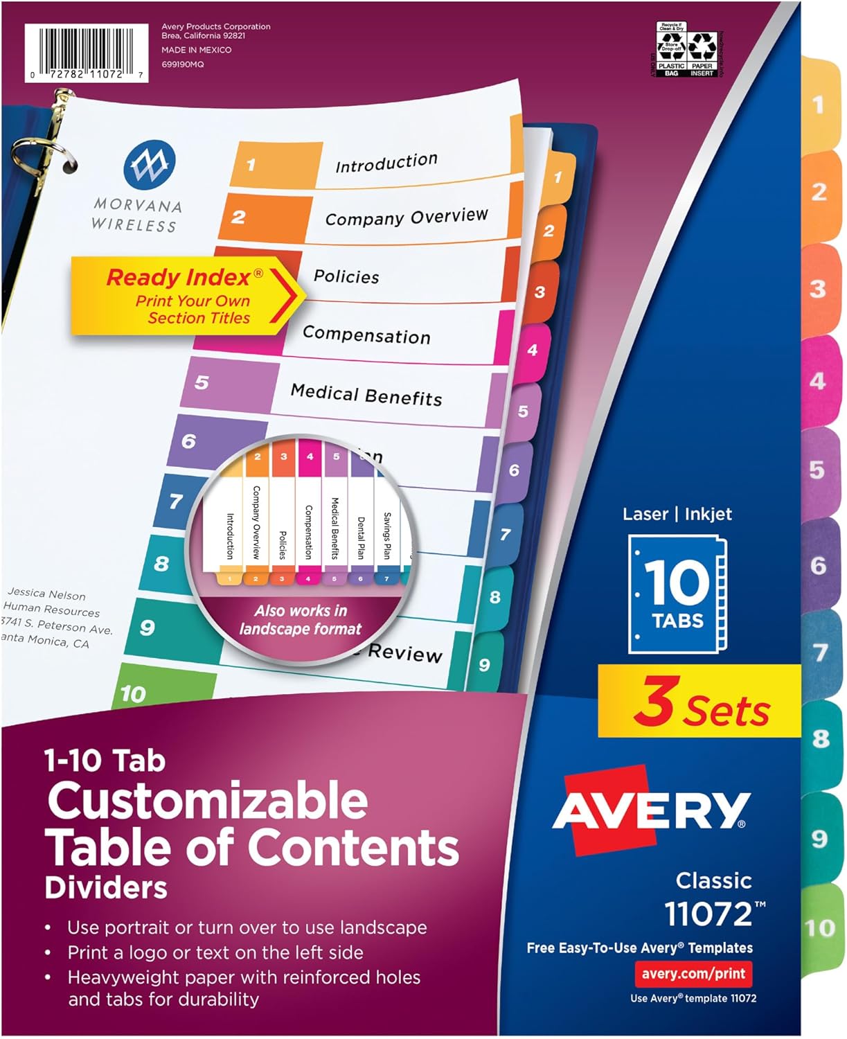 Avery Dividers for 3 Ring Binders, 10 Tabs per Set, Customizable Table of Contents, Multicolor Tabs, Great for Organizing Reports, Projects, and More (3 Sets of 11072)