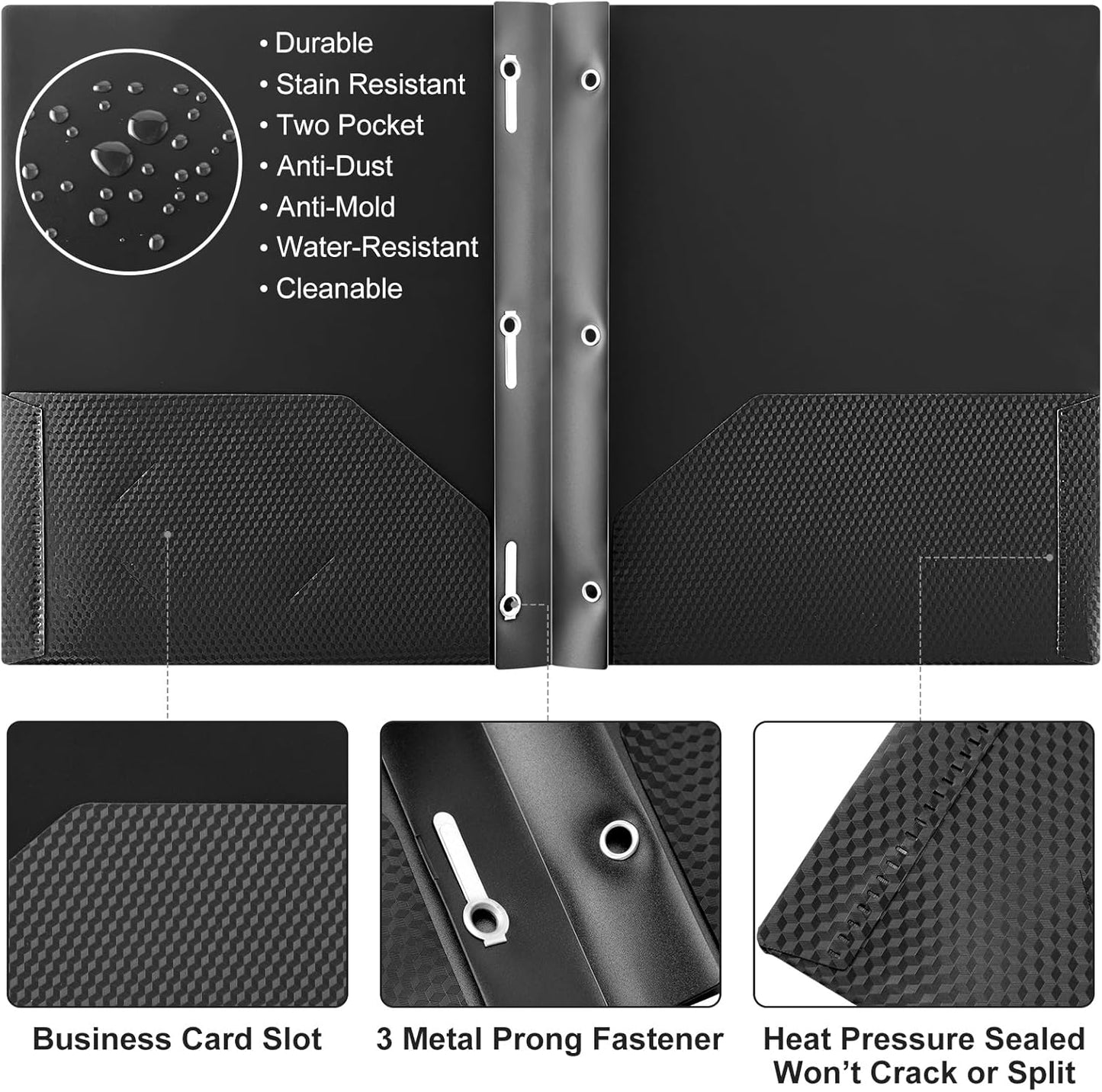Patelai 48 Pcs Plastic Folders with 2 Pockets and 3 Prongs Home Folders with Card Slot Letter Size Heavy Duty Report Covers for Back to School(Black,Diamond)