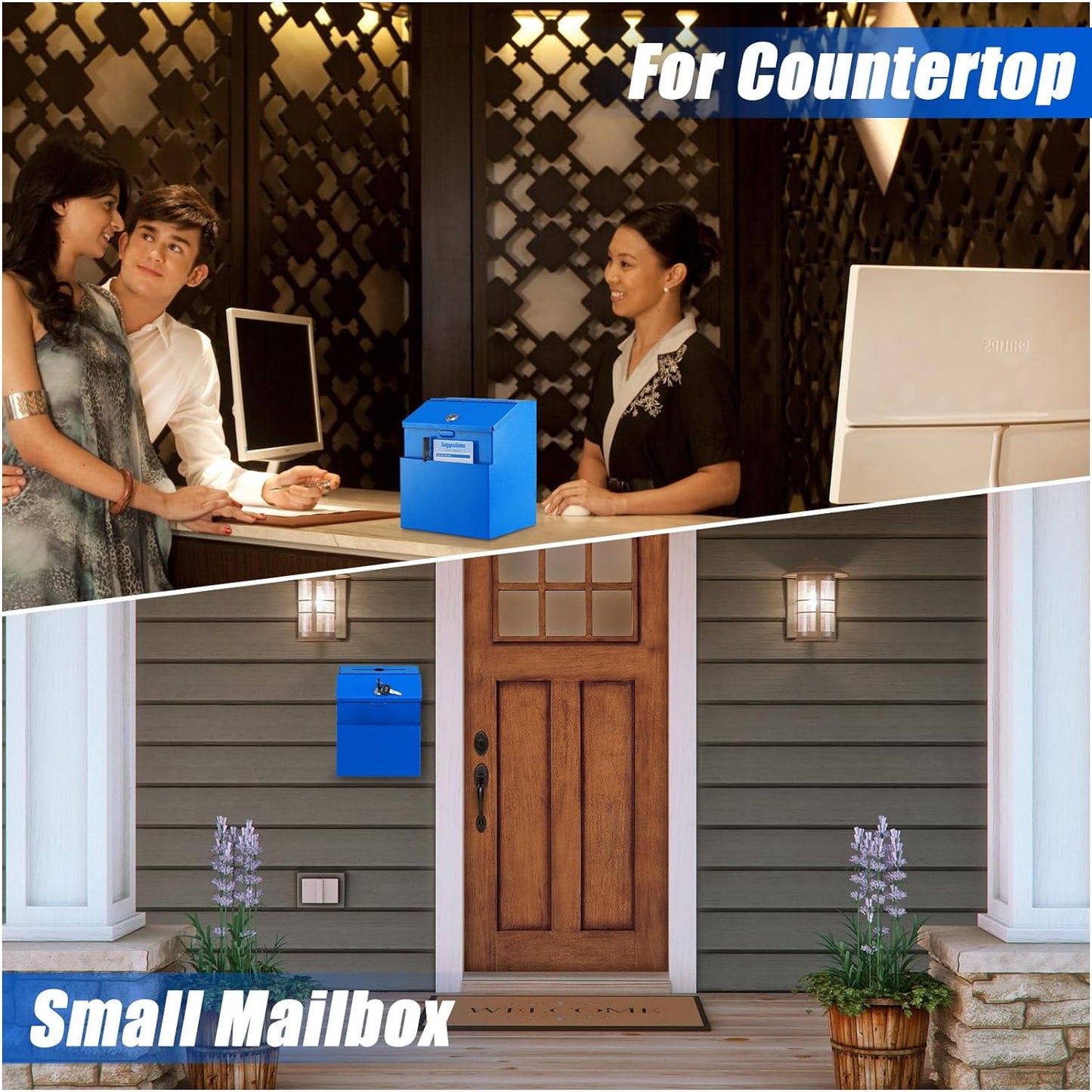 KYODOLED Suggestion Box with Lock, Metal Wall Mounted Donation and Ballot Drop Box with Slot & 2 Keys, 50 Free Suggestion Cards, 8H x 5.7W x 7L Inch, Blue