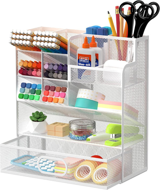 Mesh Pen Organizer for Desk, Multi-Functional Pencil Holder with Drawer Desk Organizers, Large Capacity Storage for School Office Home Supplies (White)