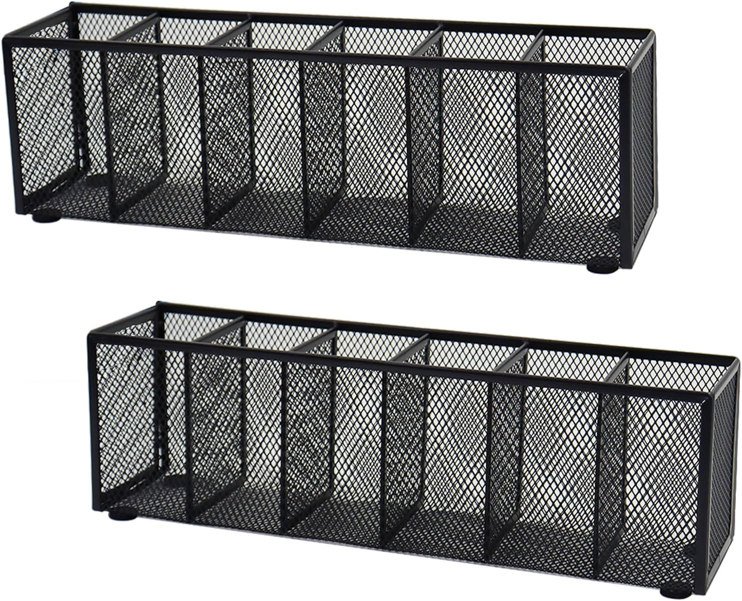 2PCS Black Mesh Pen Pencil Holder, Small Metal Desk Organizer Desktop Stationery Office Supplies Acessories Storage Stand, 6 Compartments Brushes Holder for Home School Classroom Teachers