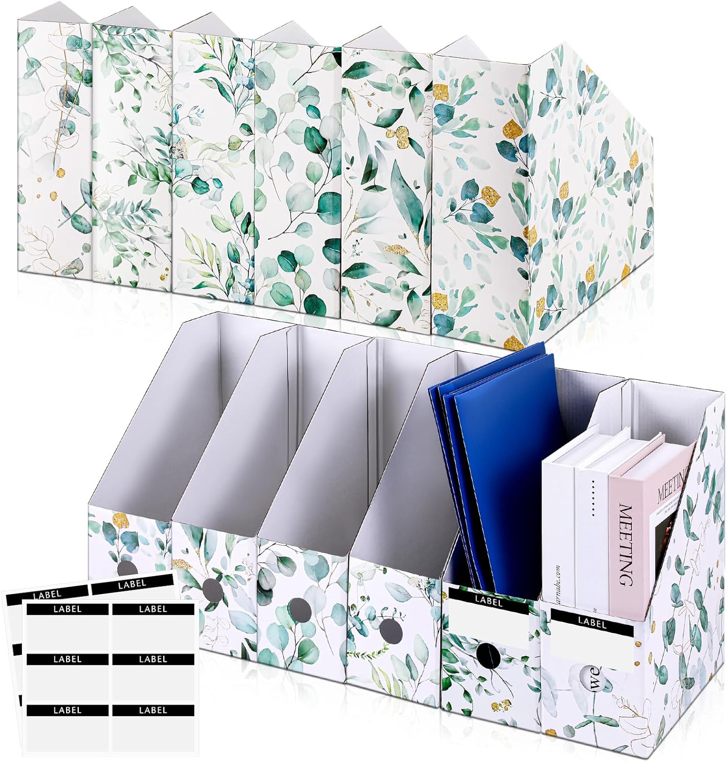 PerKoop 6 Pcs Magazine File Holder Foldable Decorative Cardboard File Folders 6 Patterns Floral Colored Magazine Rack with Printable Sticker Labels for School Office Home Desk (Eucalyptus Leaves)