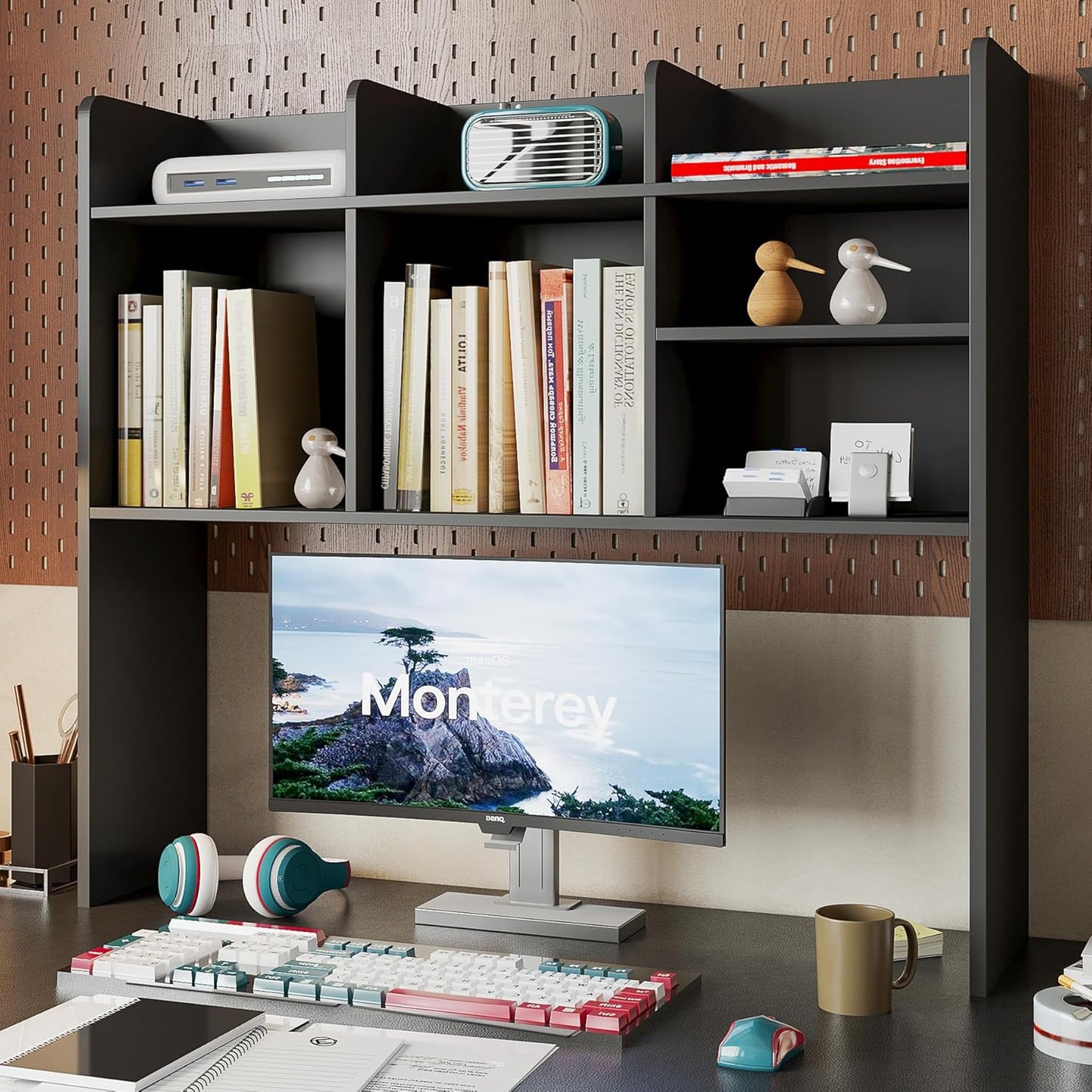 ChooChoo Desktop Bookshelf, Wood Desk Hutch Organizer with 7 Shelves for Computer Desk, Desktop Shelf Bookshelf Storage for College Dorm Office Home, Black