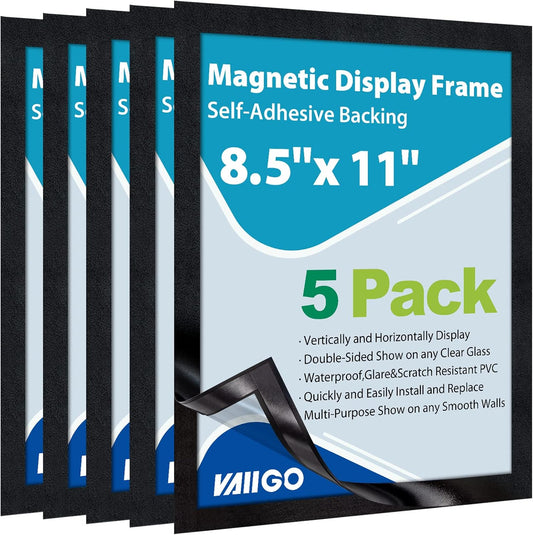 8.5"x 11" Self Adhesive Magnetic Sign Holder, Double Sided Window Magnetic Display Frame with Clear PVC and Strong Magnetic for Office/Store/Door/Glass/Refrigerator Display Frame(Black, 5Pack)