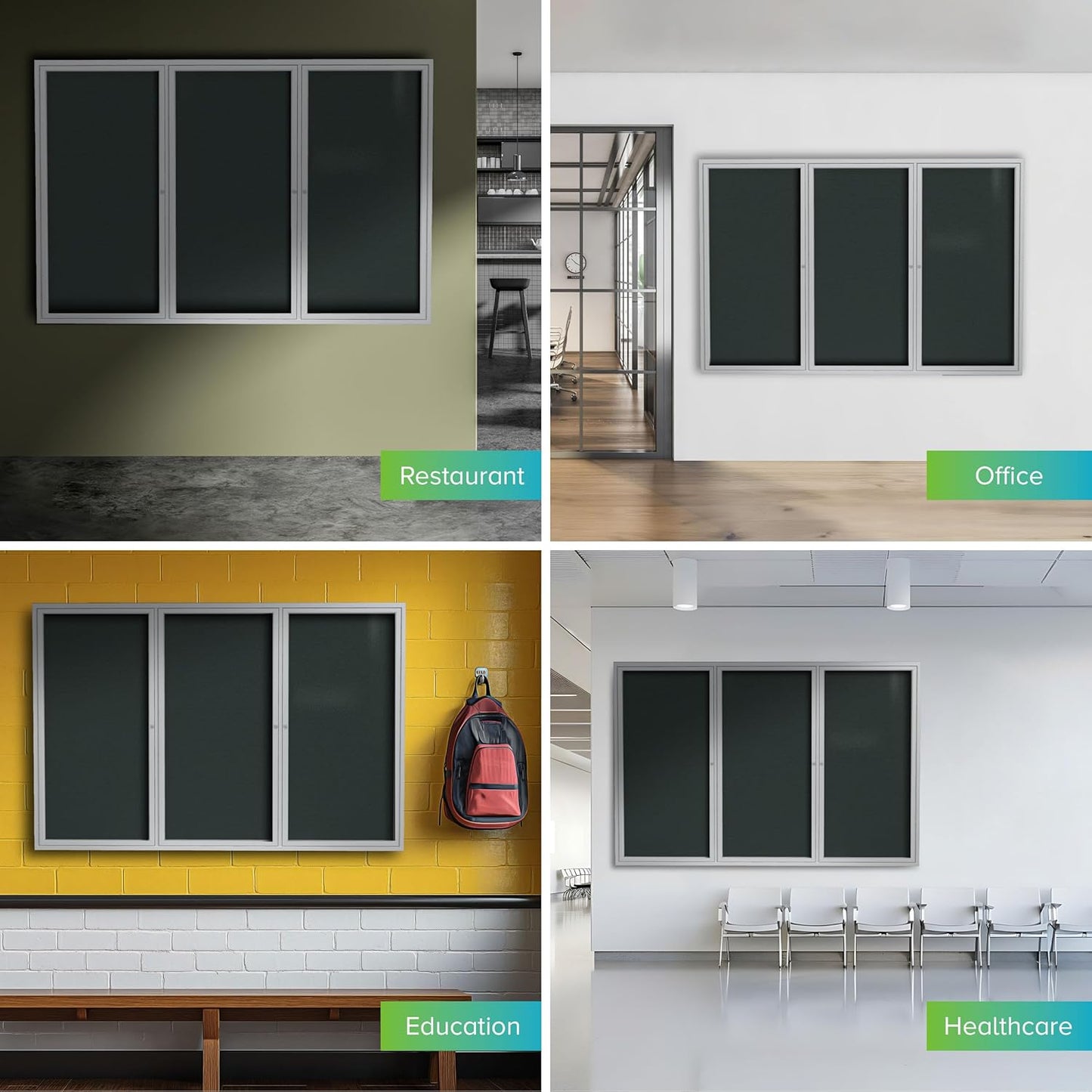 Ghent 36"x72" 3-Door Outdoor Enclosed Vinyl Bulletin Board, Shatter Resistant, with Lock, Satin Aluminum Frame - Ebony (PA33672VX-183), Made in the USA