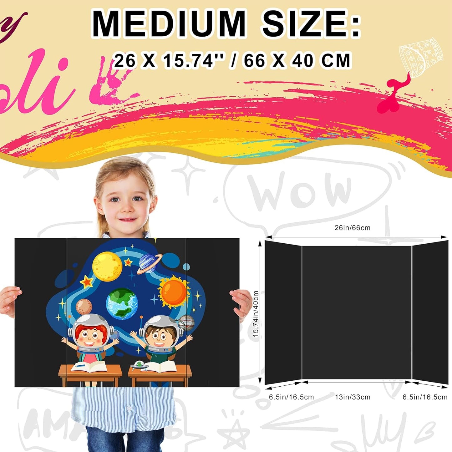 HAUTOCO 4 Pcs Medium Trifold Poster Board 26 x 15.74 inches Tri Fold Presentation Boards Black Corrugated Cardboard for Science Fair, School Project, Event Displays, Business