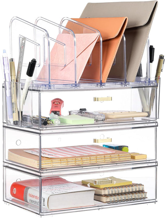 Acrylic Desk Organizer Set, 3 Pack Stackable Desktop Drawer Organizer with 4 Vertical File Holders and 2 Pen Holders, Desk Organizers and Accessories for Home Office Storage