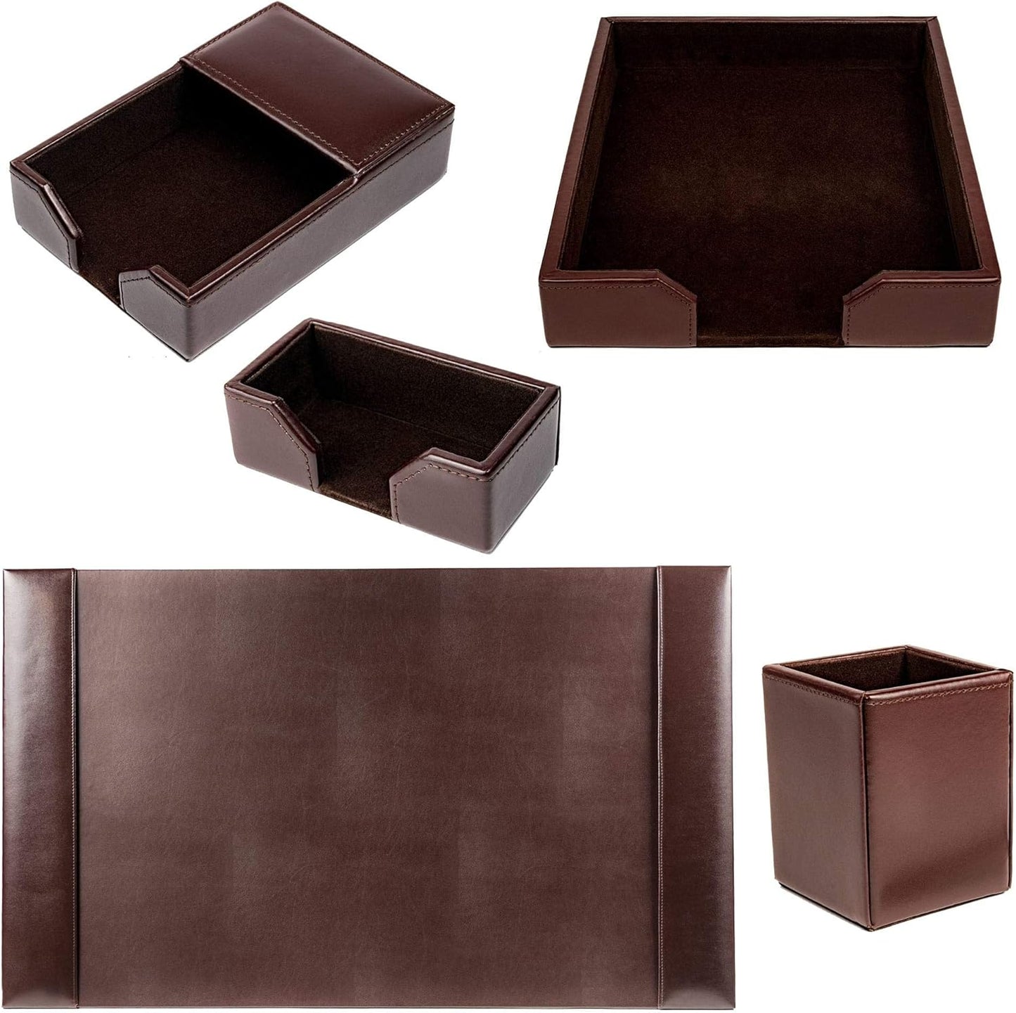 Dacasso Bonded Leather Desk Set - Luxury Leather Desk Pad & Desk Organization Essentials - Office Organization & Executive Desk Decor - (Dark Brown, 5 Piece)