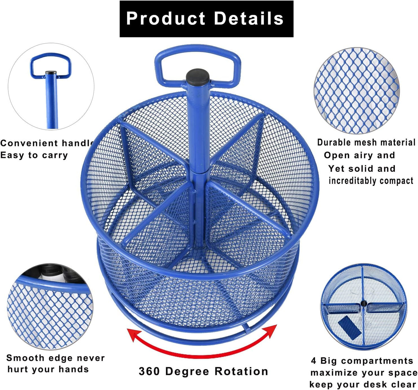 Marbrasse Mesh Desk Organizer, 360-Degree Rotating Multi-Functional Pen Holder, 4 Compartments Desktop Stationary Organizer, Home Office Art Supply Storage Box Caddy (Blue)