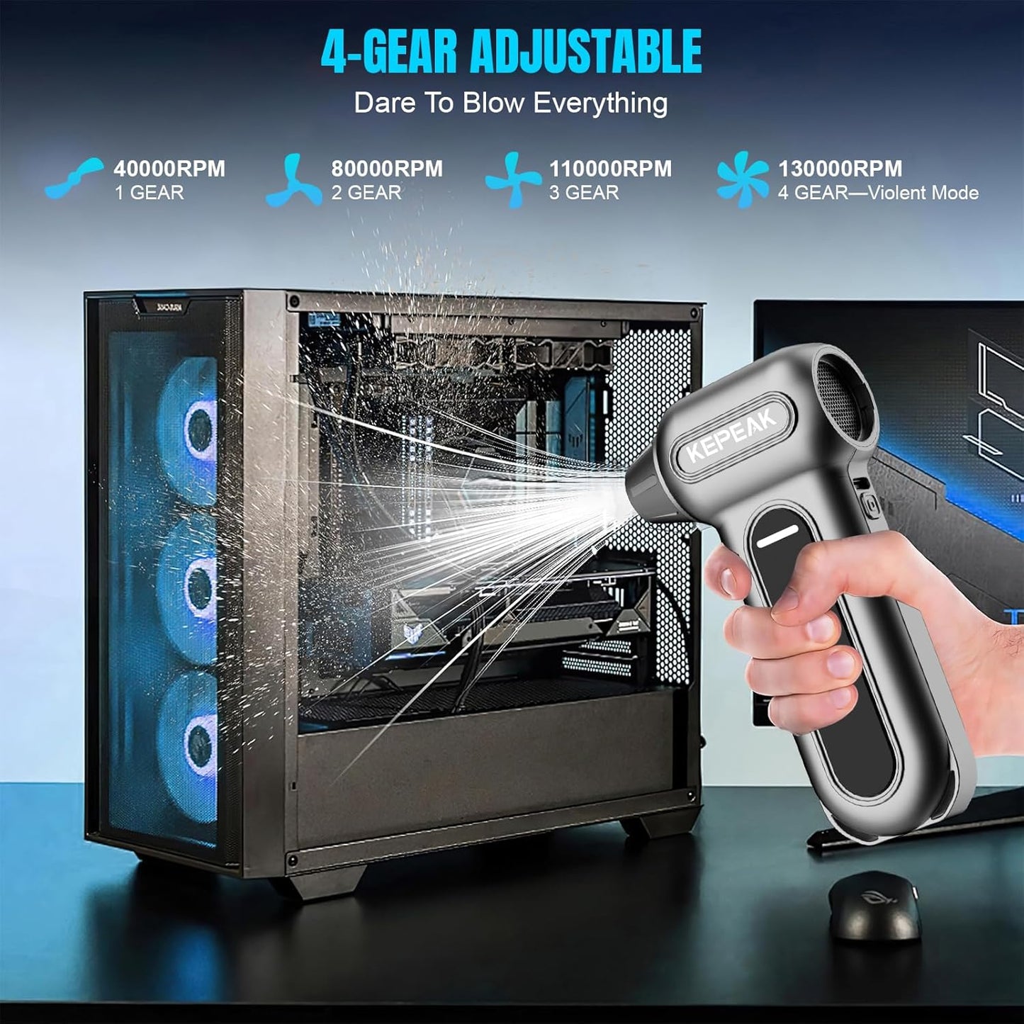 KEPEAK Electric Compressed Air Duster, 130000 RPM Cordless Rechargeable Air Duster for PC Clean, 4 Gear Portable Air Blower for Office, Car, Home, Outdoor-Replace Compressed Air Can