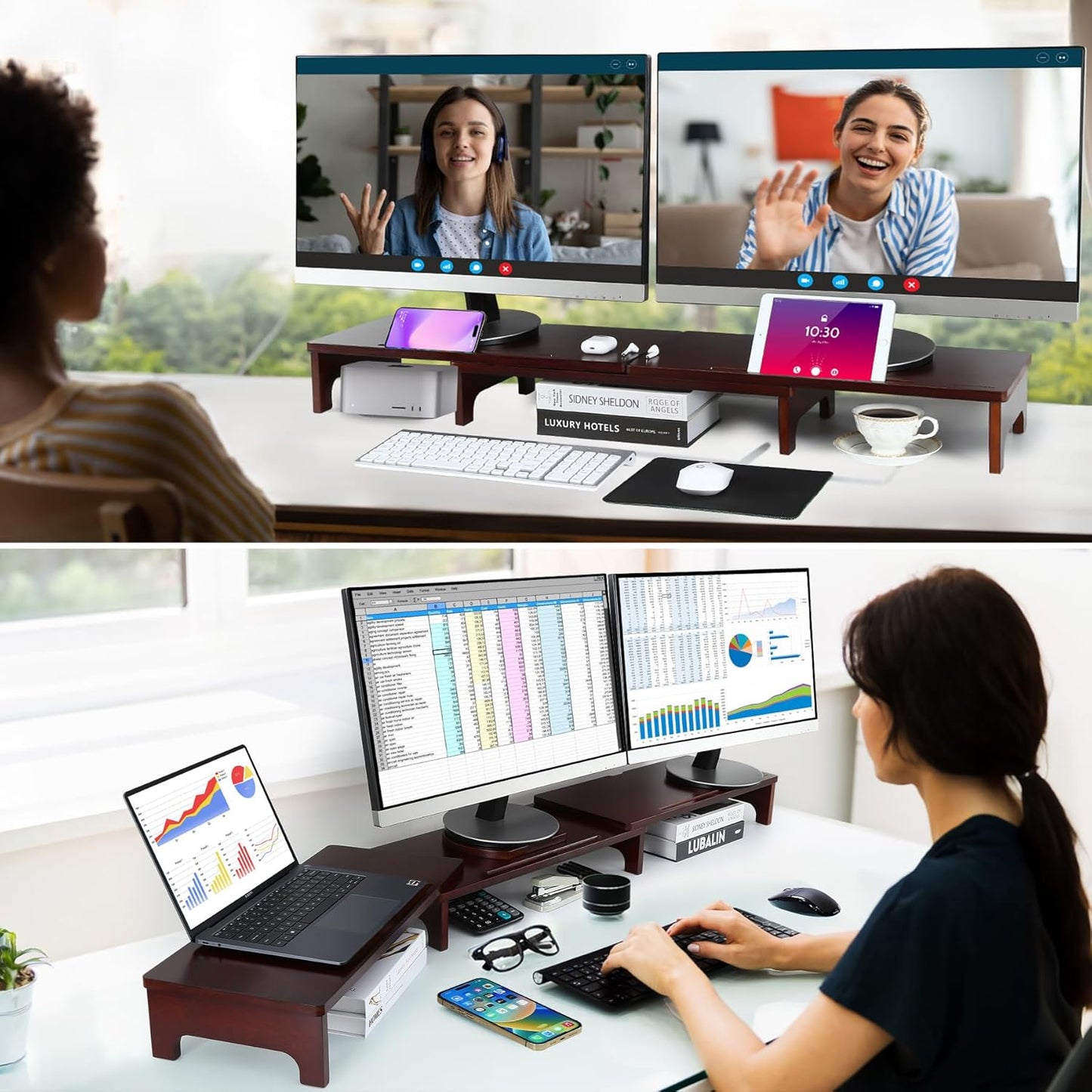 Nnewvante Monitor Stand Riser, Upgrade Height Large TV Riser, 60 inch Large Bamboo Dual Monitor Stand for Desk, 3 Shelves Desktop Screen Riser with Adjustable Length Angle for Computer Laptop Walnut