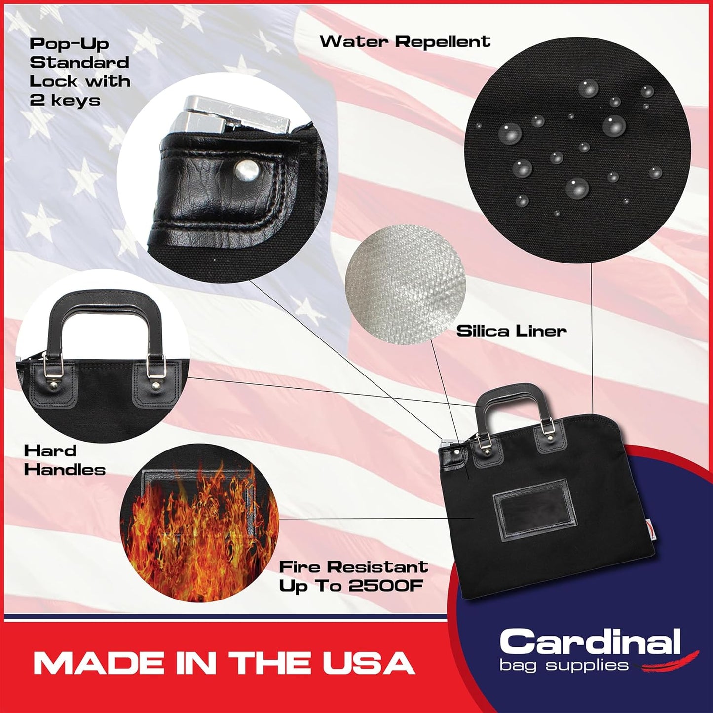 Fire Resistant Security Money Bag with Lock, Water Repellent, Safe Storage, Protects Important Valuables, 15 x 11 Inch (Black)