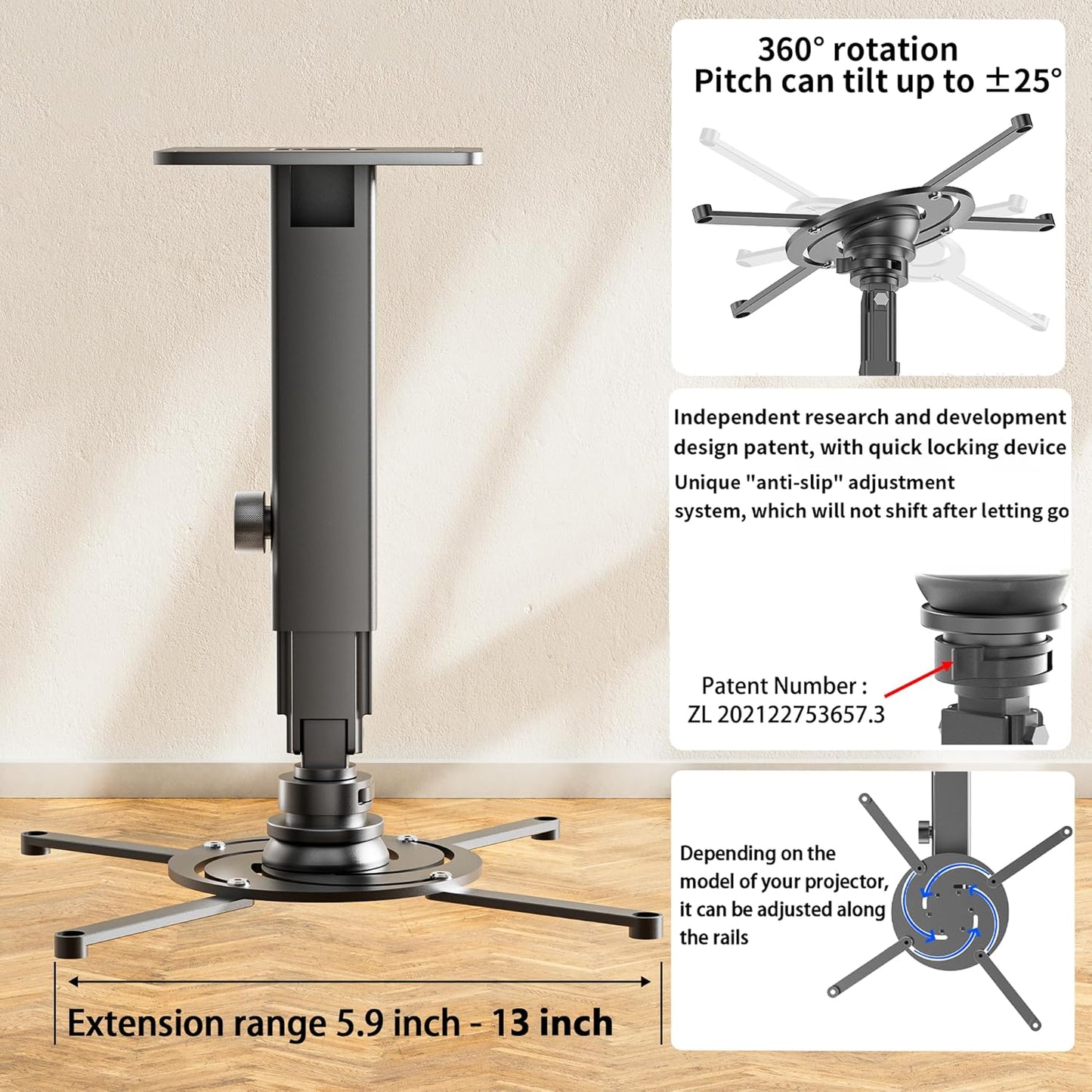 Projector Mount Wall with Multi-Hole Design, Adjustable Universal Projector Ceiling Mount for Home Theater, Office, Classroom, Heavy Duty Aluminum Projector Stand, Load 55 lbs - Black
